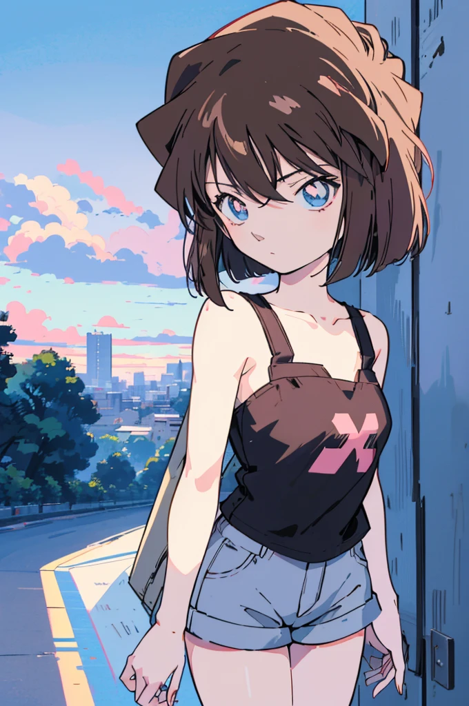 anime style, (1girl in, Solo:1.0), (Haibara Ai), ((Short pants)), (((Big eyes))), (Cute anime girl head), (flat chest),looking at viewer,With a height of 100cm, shoot from front, (head shot), Simple line minimalism, Abstract Art, City background, anime opening movie