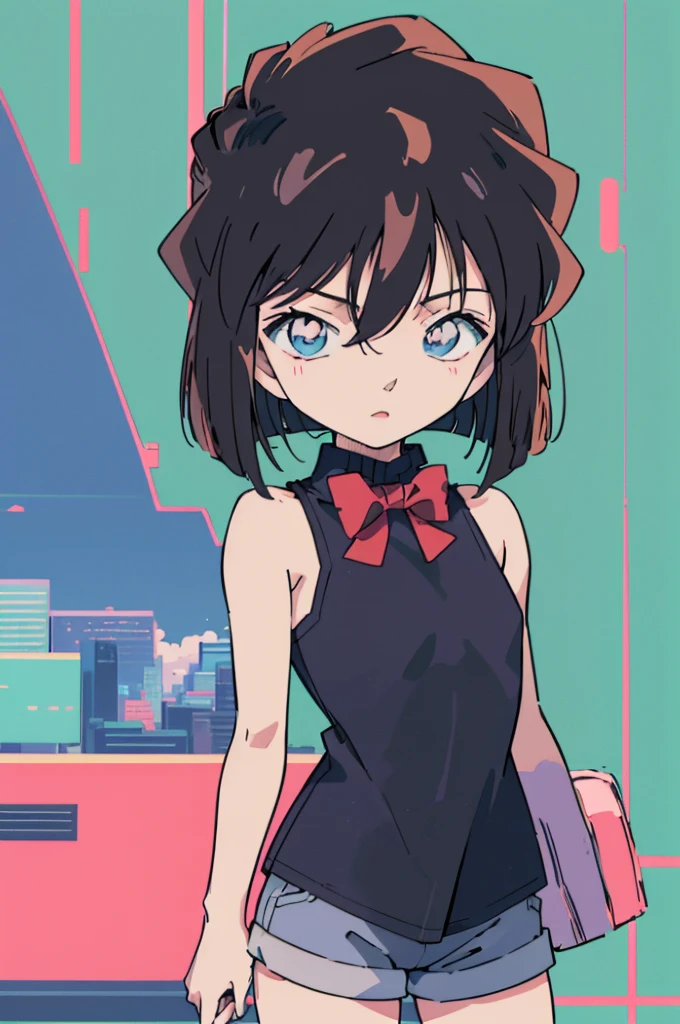 anime style, (1girl in, Solo:1.0), (Haibara Ai), ((Short pants)), (((Big eyes))), (Cute anime girl head), (flat chest),looking at viewer,With a height of 100cm, shoot from front, (head shot), Simple line minimalism, Abstract Art, City background, anime opening movie