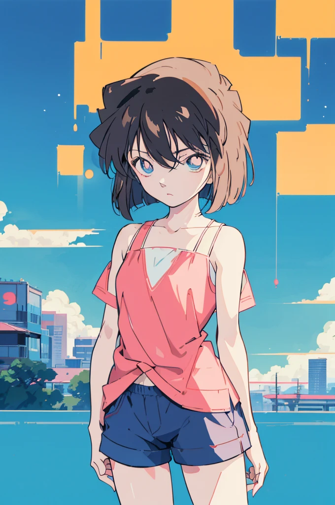 anime style, (1girl in, Solo:1.0), (Haibara Ai), ((Short pants)), (((Big eyes))), (Cute anime girl head), (flat chest),looking at viewer,With a height of 100cm, shoot from front, (head shot), Simple line minimalism, Abstract Art, City background, anime opening movie