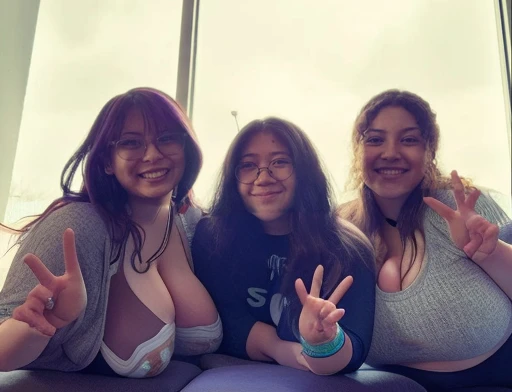 three women sitting on a couch peace signs with their hands, photo taken in 2 0 2 0, profile pic, very very low quality picture, low quality grainy, low quality photo, very grainy, taken in 2 0 2 0, annoying sister vibes, peace sign, low quality photograph, older sister vibes, grainy low quality, childhood friend vibes, , Big , huge , , sexy, cute, wide hips, thick thighs, pear-shaped body, minimal clothes, thick, , chubby stomach, thick , , large , hard , piercing through shirt,  hard through shirt, chubby stomach showing, tummy spilling over the side, muffin top, the girls are sexy, large  showing, huge  tits