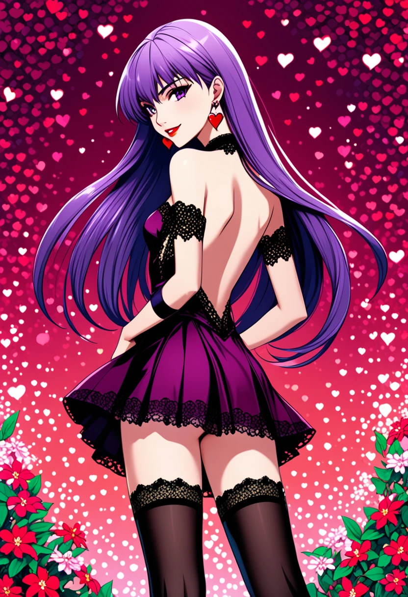 (anime, masterpiece, intricate:1.1), summer aestetic background, comics_darkstalkers_morrigan_aensland, 1girl, Slender hips, slim stomach, thin waist, sexy posing, back view, aesthetically pleasing rear view, looking at viewer, medium breasts, slim body, violet hair, violet eyes, skimpy silk-lace dress, long hair, black garter stockings, symmetrical stocking size, very short mini skirt, lingerie, heart shaped earrings, girly decorations, solo, flowers, modest smile, bright red lipstick, painted nails (red)