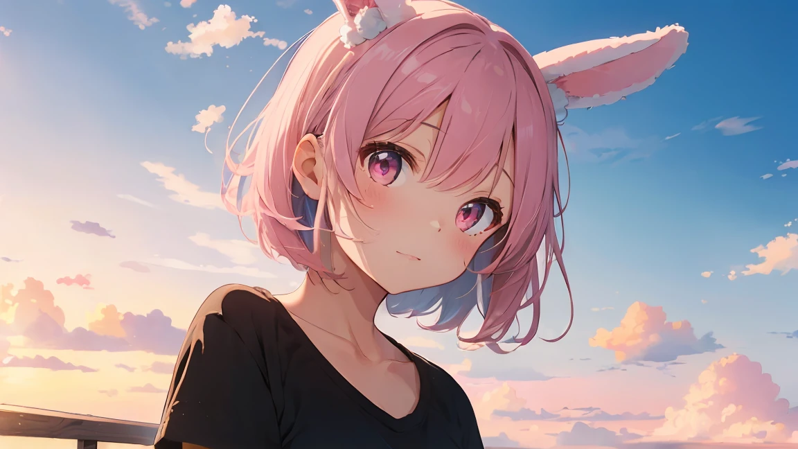 summer, Pink Cloud, Distant sky, High Definition Cute Girl, pastel colour, Fluffy bunny ears, Pink short bob,Pale pink eyes,