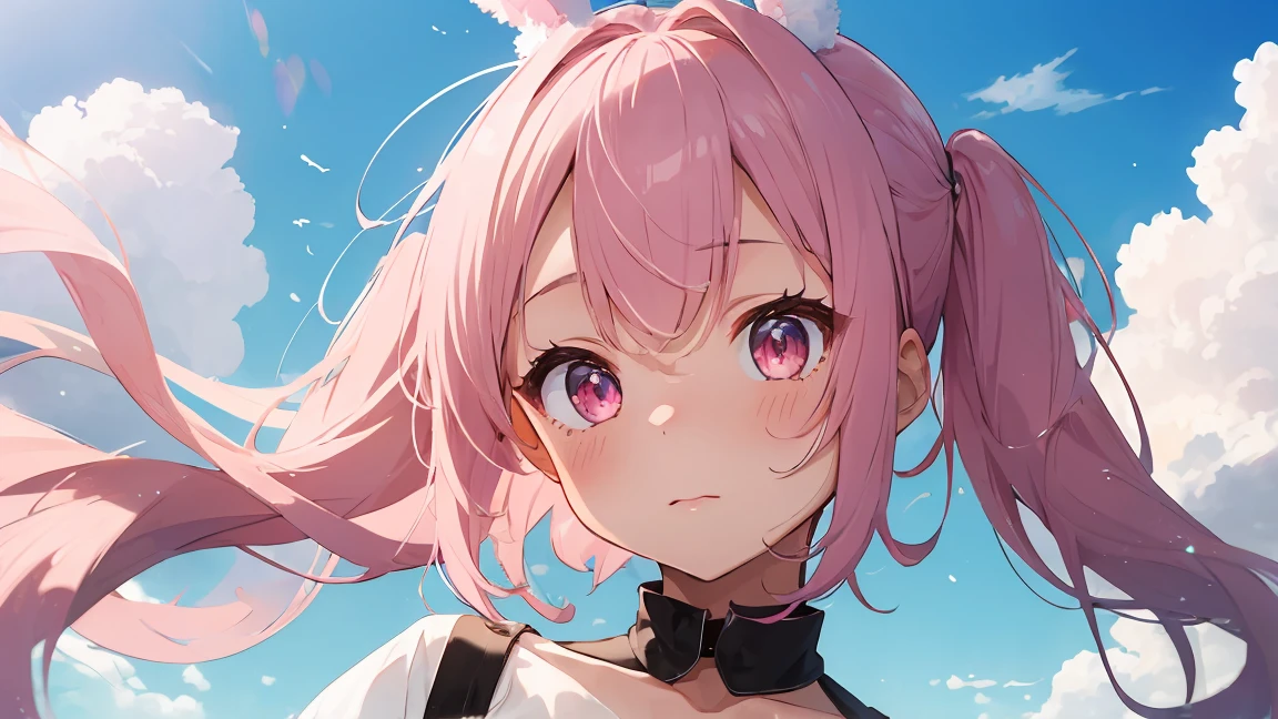 summer, Pink Cloud, Distant sky, High Definition Cute Girl, pastel colour, Fluffy bunny ears, Pink short bob,Pale pink eyes,