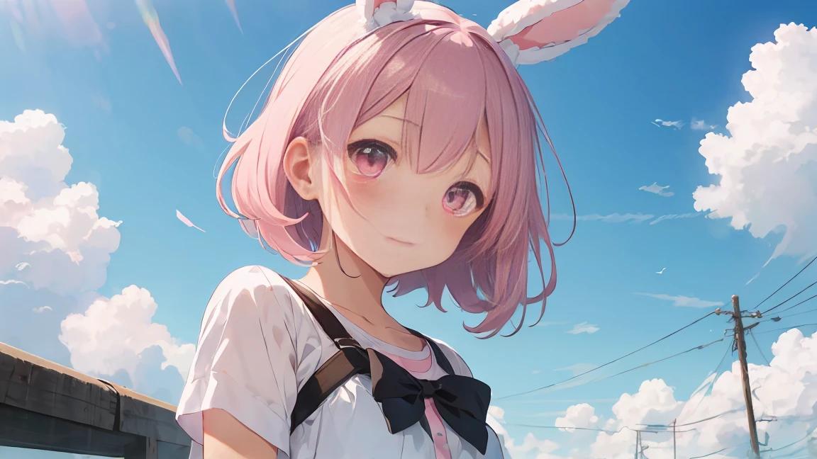 summer, Pink Cloud, Distant sky, High Definition Cute Girl, pastel colour, Fluffy bunny ears, Pink short bob,Pale pink eyes,