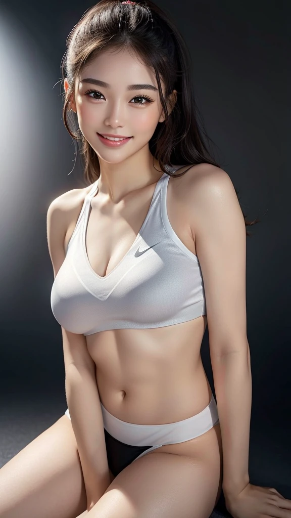 A cute girl ((women)) portraitwearing nike black bra perfect face, georgious eyes sharp eyebrows,large breasts,fit body, Realistic murals,skin zehragunes,Smile 512 plain silver gradient background , glowing skin bright light