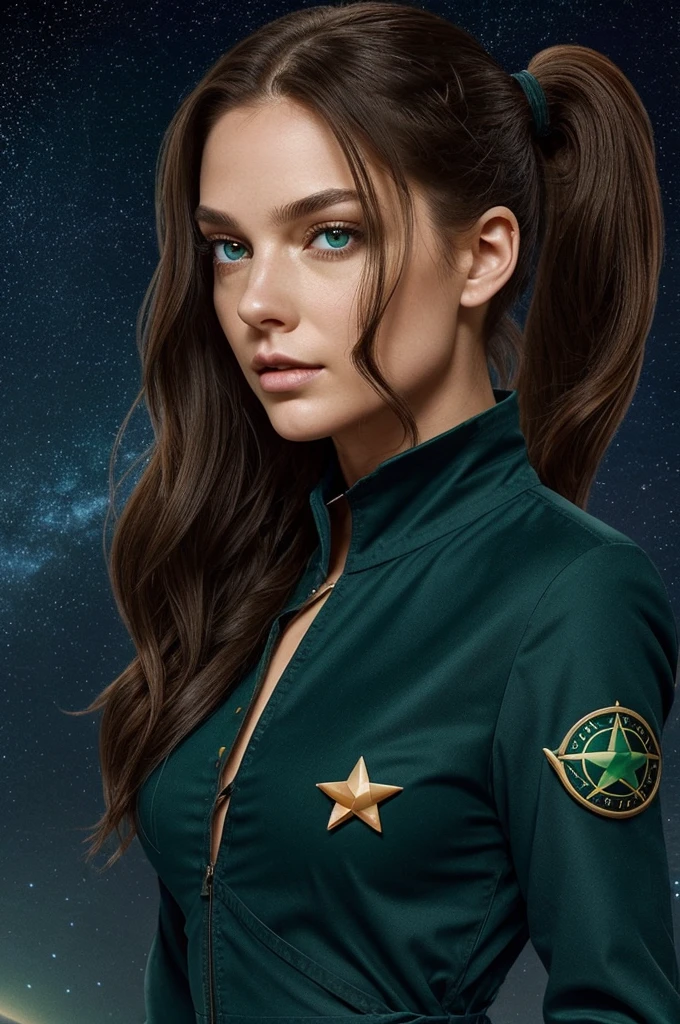 The Star is 25 years old, she is a stellar navigator, and her body type is dragon, She wears a dark blue jumpsuit, black combat boots , russet hair,long and tied in a ponytail, and her physiognomy is: a thin face, brown skin, and she has heterochromia (one brown and one green eye ).
