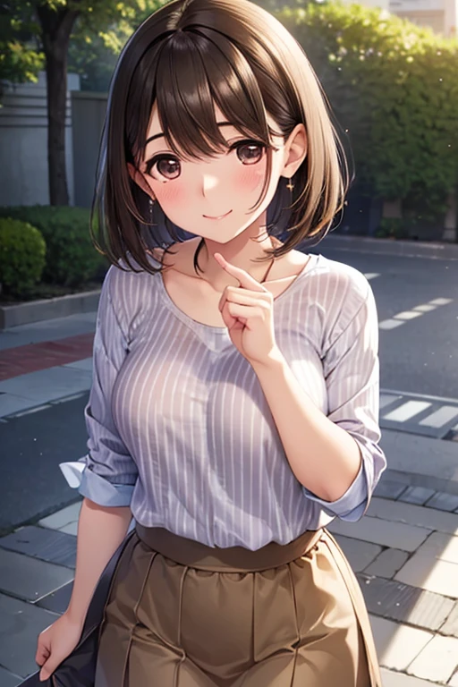 (high quality, High resolution, Fine details), 

anegasaki nene、Shiny brown hair, short hair, Beautiful brown eyes、smile、Sparkling eyes, (Fine grain)、Ultra-detailed eyes、Highly detailed face, Highly detailed eyes,


(Standing wearing a striped shirt and a brown skirt), alone, Curvaceous mature woman, Sparkling eyes, (Fine grain:1.2), Natural Makeup, Cute Accessories, smile, blush, Sweat, Oily skin, Soft tones, Shallow depth of field