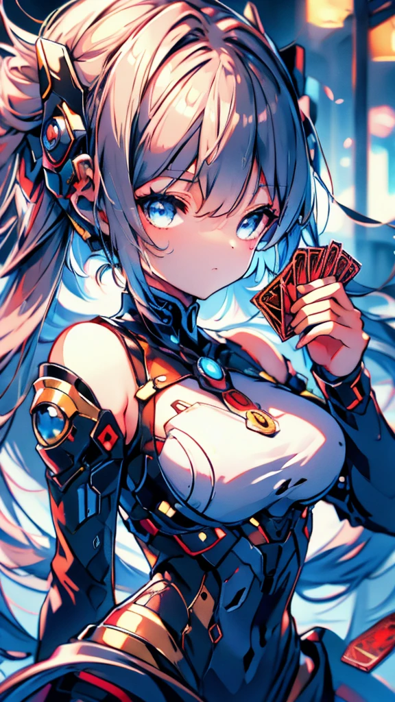 Cards,There are many cards floating in the sky,Girl holding cards,Girl holding a card,Big butt,Wide hips,Big Ass,Fantasy style,Magic Style,Sci-fi style,Sci-fi style与Magic Style,A girl holding a card with many cards floating behind her,Girl holding a card between two fingers,Girl holding cards,Correct human body structure,Correct body proportions,Girl holding a card,Girl holding cards,The girl holds a card in her hand,Street background,现代Street background,现代都市Street background,Magic Style的背景,Modern urban background,Cards floating in the sky,Cards floating in the background,Upper body close-up,Close-up above the waist,背景中有很多Cards floating in the air,Cards floating in the air,Tarot cards floating in the air