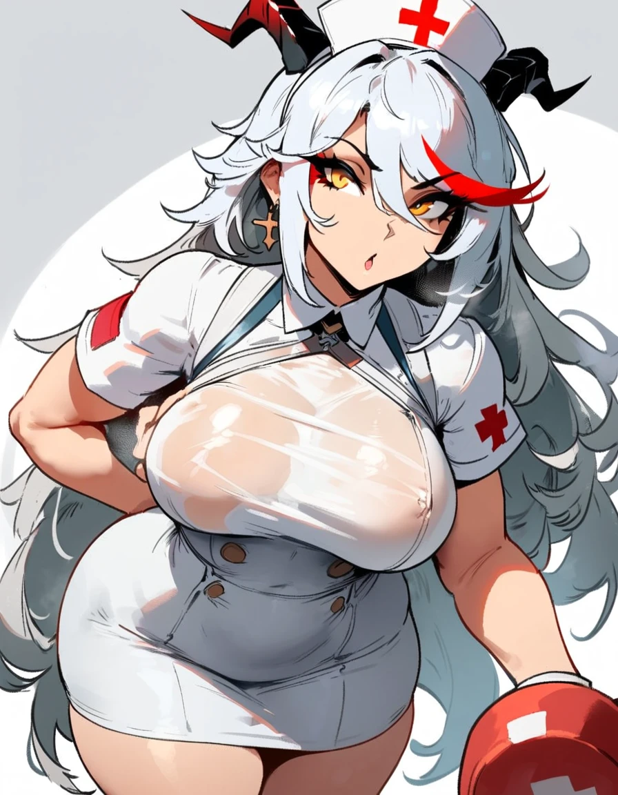 1girl, aegir \(azur lane\), azur lane \\\\\ masterpiece, best quality, very aesthetic, absurdres, newest \\\\\\ sportive body, \\\\\\ by nyantcha,,by cutesexyrobutts,by khyle ///// white hair with a single prominent red streak, black horns, yellow eyes, , white (nurse outfit:1.2), skirt, , white pencil skirt, nurse cap, , , a red cross on the cap, standing, white background
