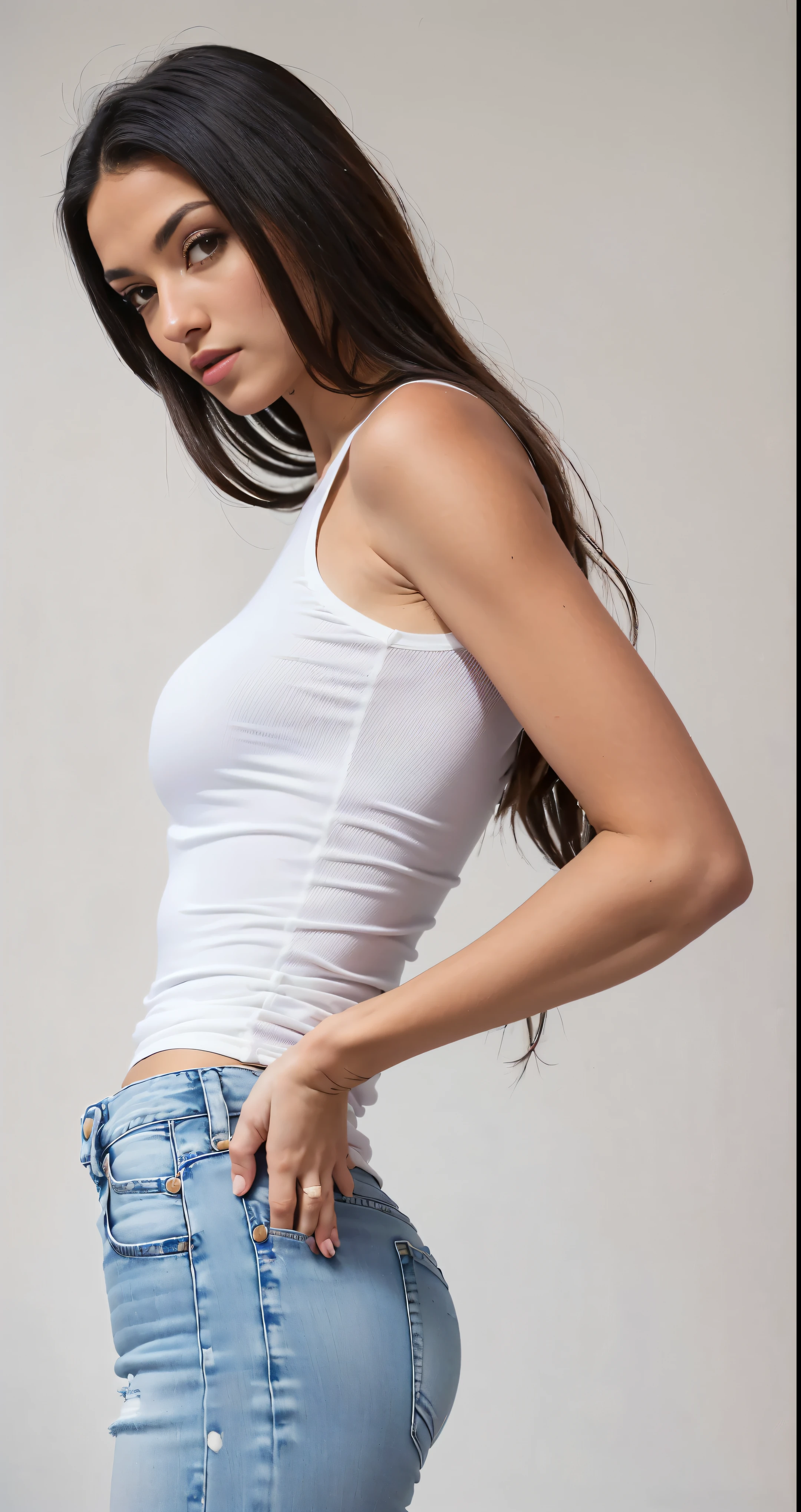a woman in a white top and jeans posing for a picture, white top, White top, wearing tank top, white top, long white tank top, tight shirt, fair regatta, wearing a tank top, wearing tight shirt, wearing white leotard, usando um top cropped sexy, top cut, wearing white camisole