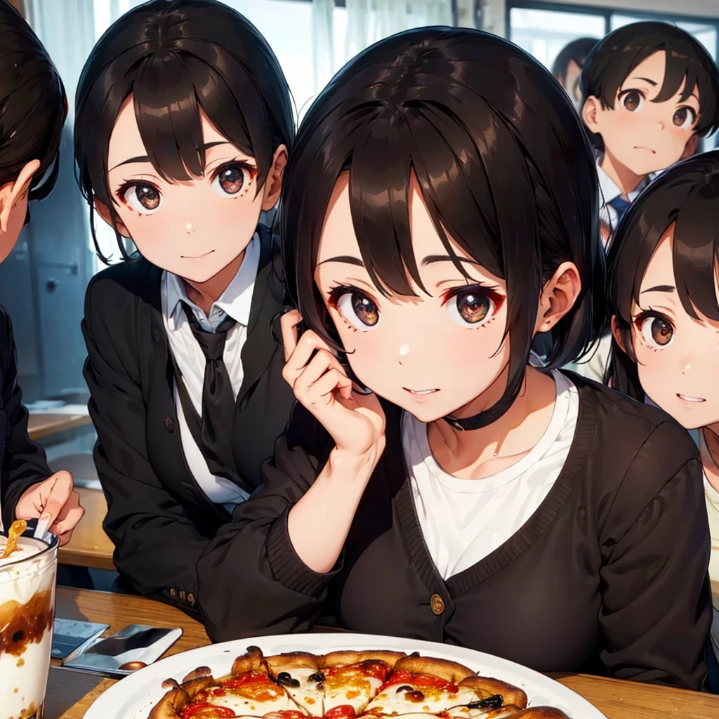 Big family eating pizza 、Short black hair、Black jacket、Black slacks、White headband on forehead、Coffee with lots of ice