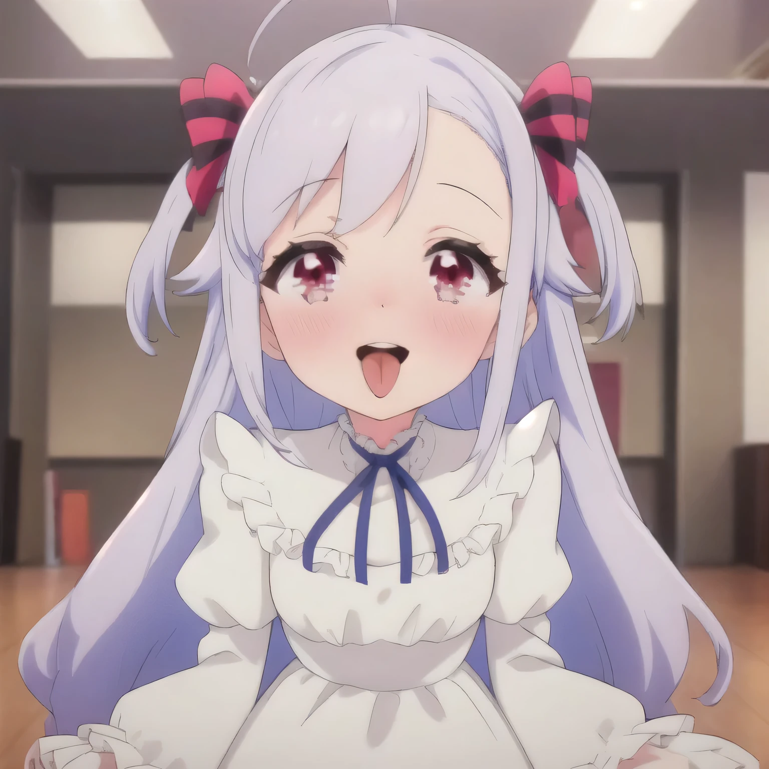 niizumayae, blush, smile, 口をOpen, Red eyes, Long sleeve,, , ribbon,  Frills, teeth, Day, Puffy sleeves, indoor, White Dress, Blurred, nsfw,Small breasts、Blowjobgesture,Blowjob_gesture,One girl,blush,Open_moutsideh,tongue_outside