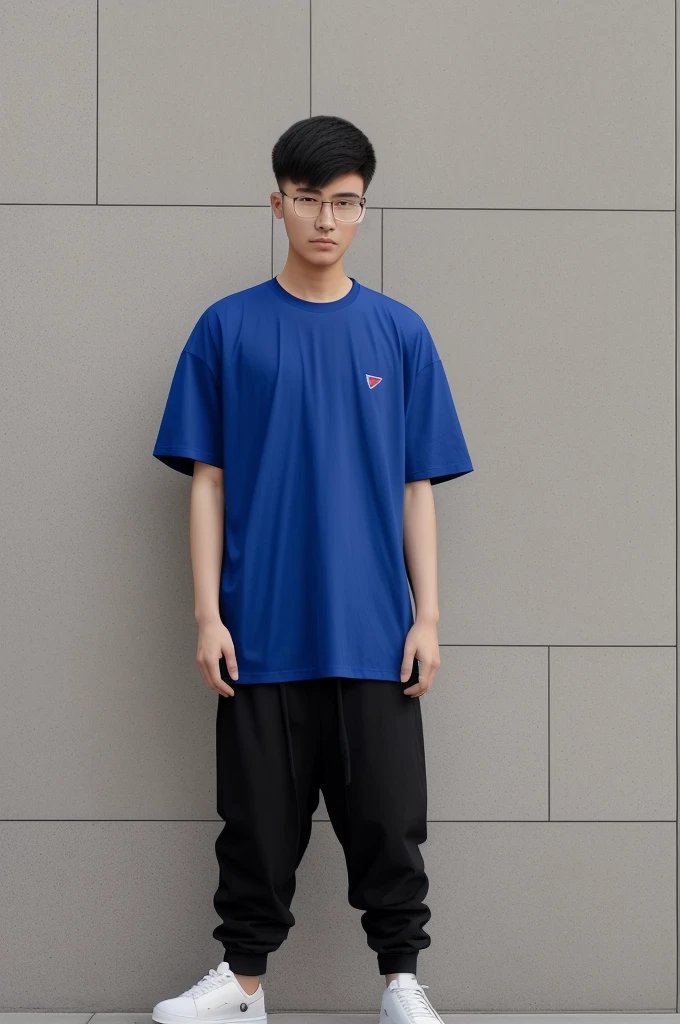 21 year old Beijing boy, he is wearing a oversize xxl blue plain t-shirt, he is wearing black trousers, he is wearing sneakers, he is wearing glasses, city, full body,  he is buzz cut Hair, foot, walking 