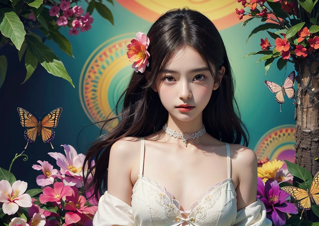 (masterpiece, Highest quality, Highest quality, Official Art, beautifully、beautiful:1.2), (1 Girl), Very detailed,(Fractal Art:1.3),Colorful tube top bra、Most detailed, Background with fractals and details of various flowers and tropical flowers and butterflies、Psychedelic Concept