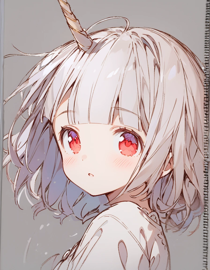 Unicorn girl(Sketches), (Open Close), (Small body), (White Hair:1.5) (Short Hair:1.4), (Red eyes)(Blunt bangs:1.3)(unicorn horn:1.6)Laugh innocently