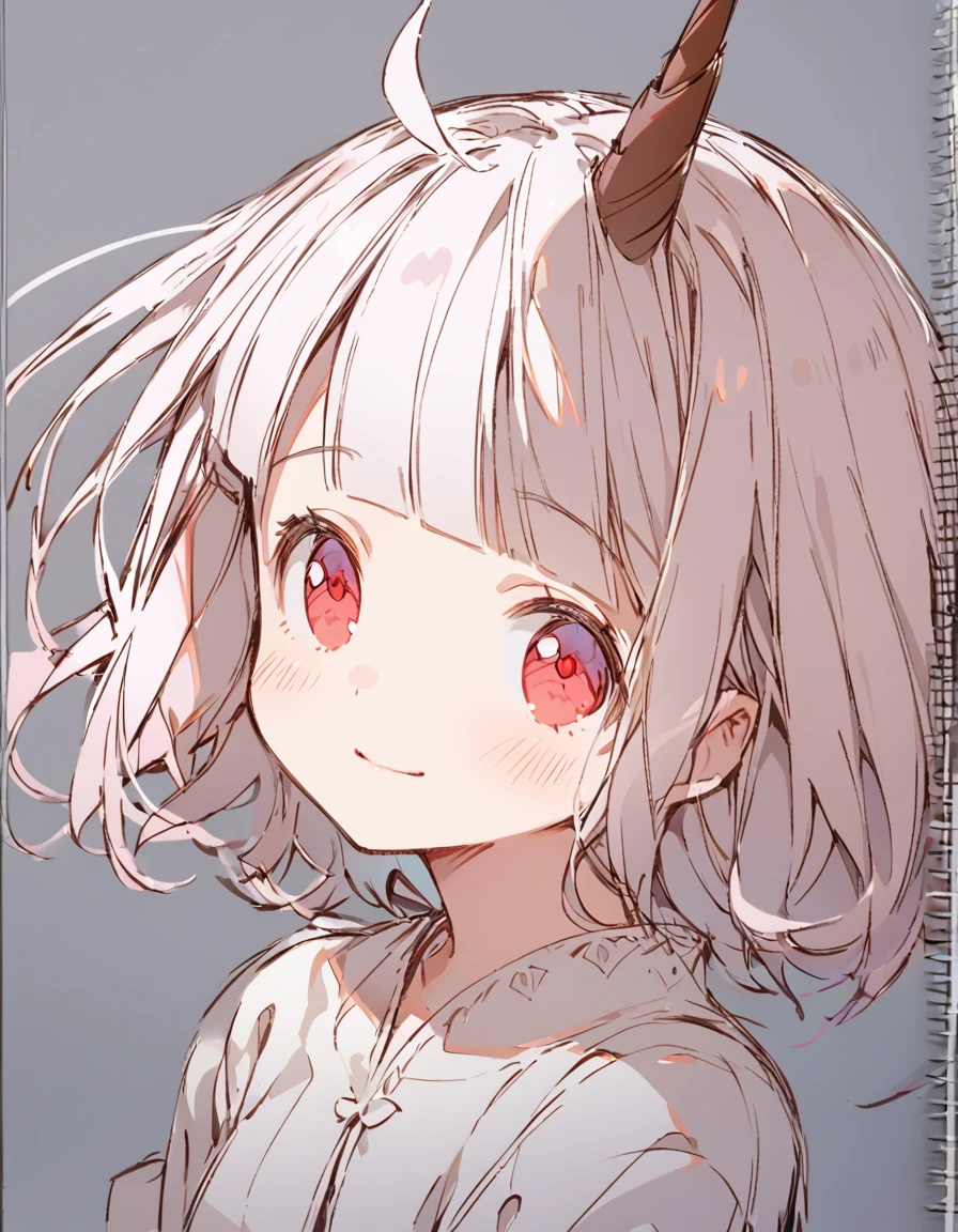 Unicorn girl(Sketches), (Open Close), (Small body), (White Hair:1.5) (Short Hair:1.4), (Red eyes)(Blunt bangs:1.3)(unicorn horn:1.6)Laugh innocently