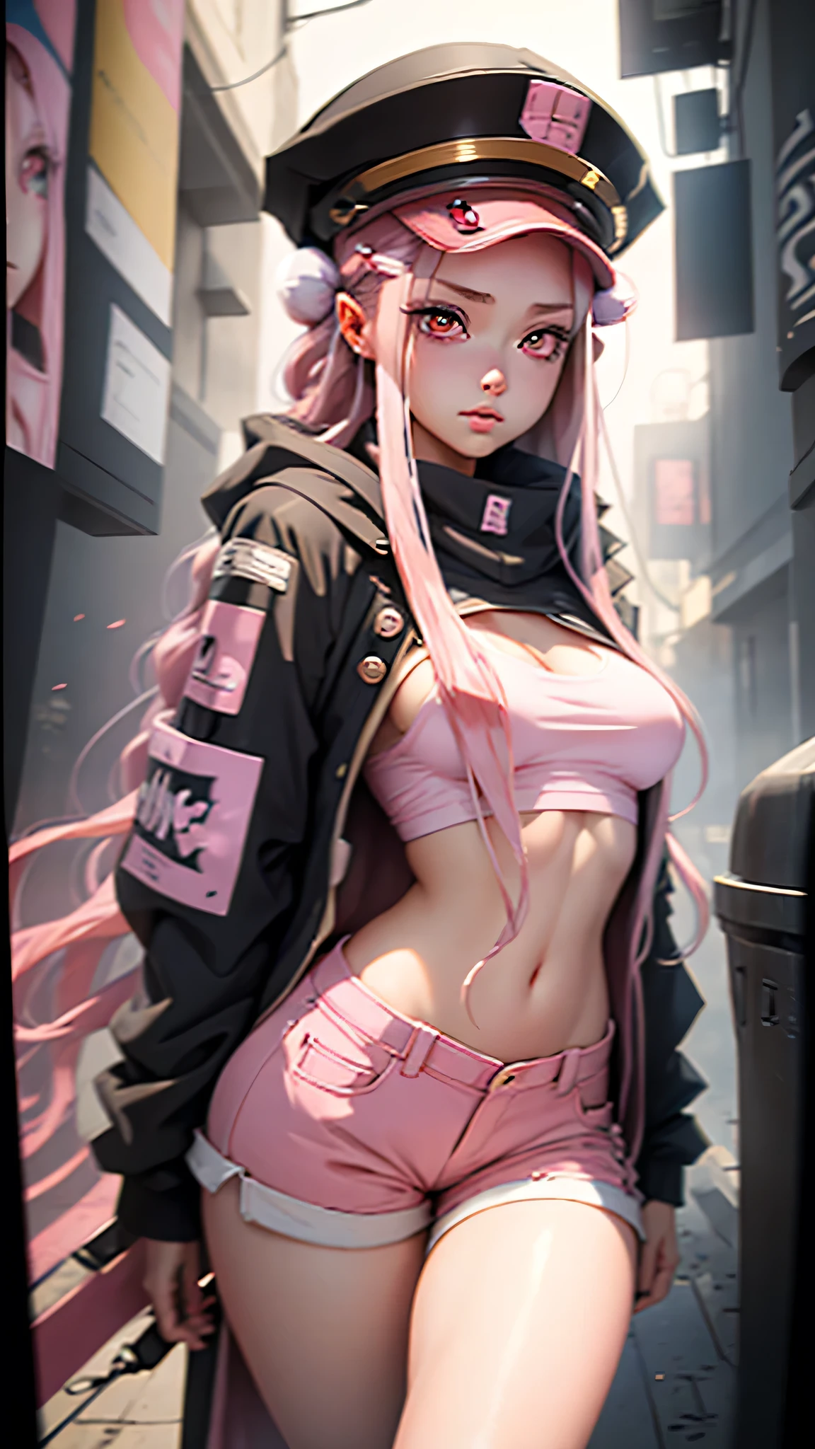 Beautiful woman medium hair, Wearing a hat, Cyberpunk Shorts,masterpiece, Highest quality, High resolution, (An illustration),{Detailed and beautiful eyes}, finely,  Detailed and beautiful eyes,Pink Eyes,(((Long pink hair))),(Small breasts),Kunimi Tama,