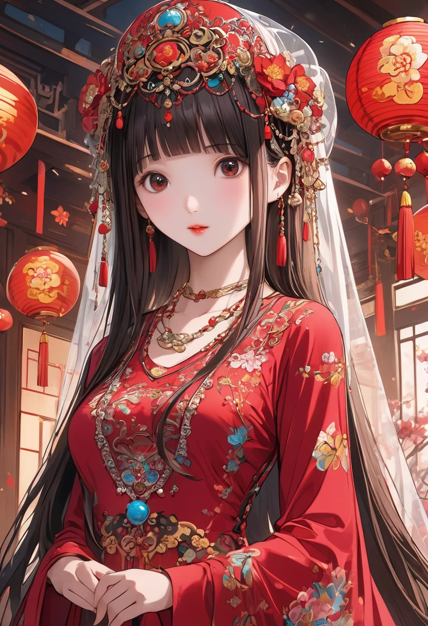 Very long hair,（（（Eyes are very delicate）））（（（Hair accessories）））（（（veil）））,necklace,Misa wears a red transparent sexy silk dress, ((glowing skin))The room is filled with Lunar New Year decorations（（（masterpiece）））, （（best quality））, （（Intricate details））, （（Surrealism））（8K）, Change