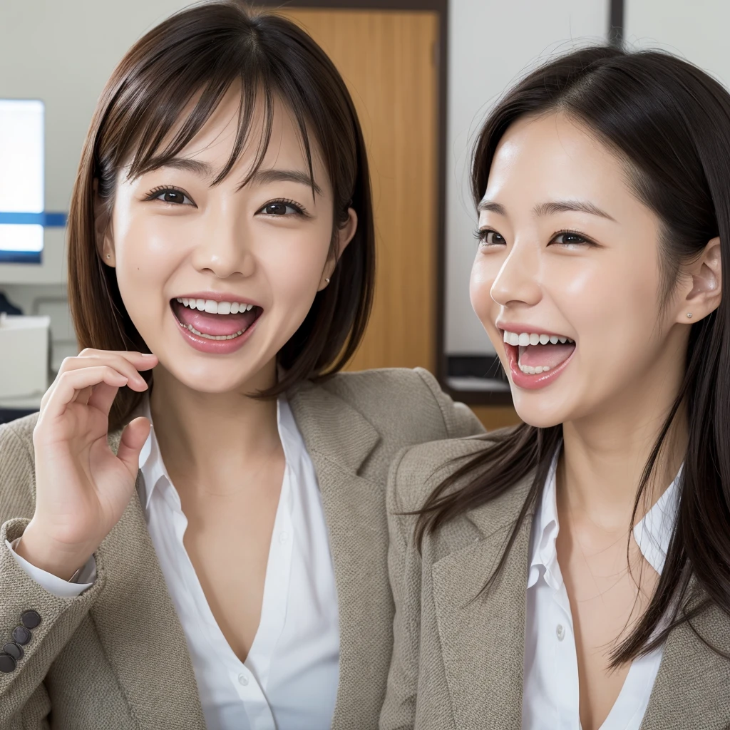 Laughing Japanese office lady、office、masterpiece, Highest quality, Photorealistic、Laughing with your mouth open、Smiling at the camera