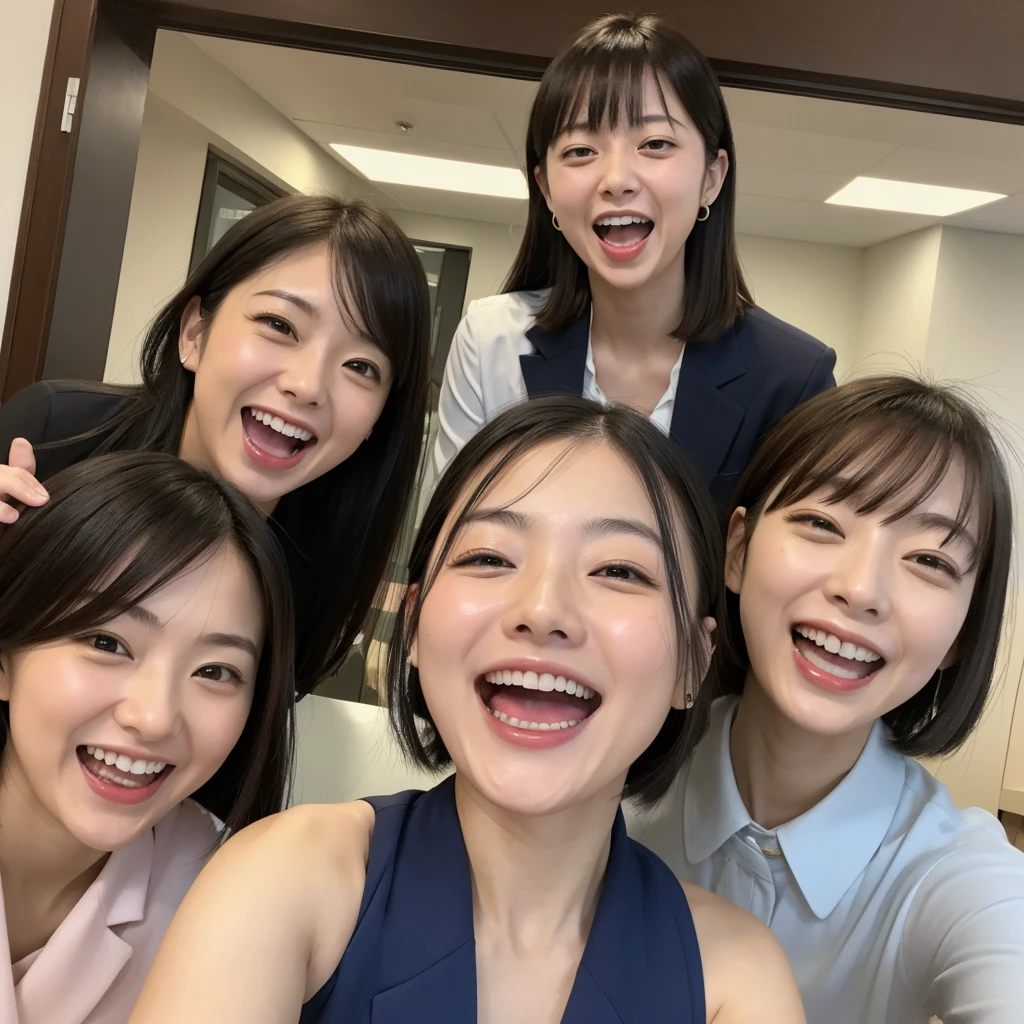Laughing Japanese office lady、office、masterpiece, Highest quality, Photorealistic、Laughing with your mouth open、Smiling at the camera