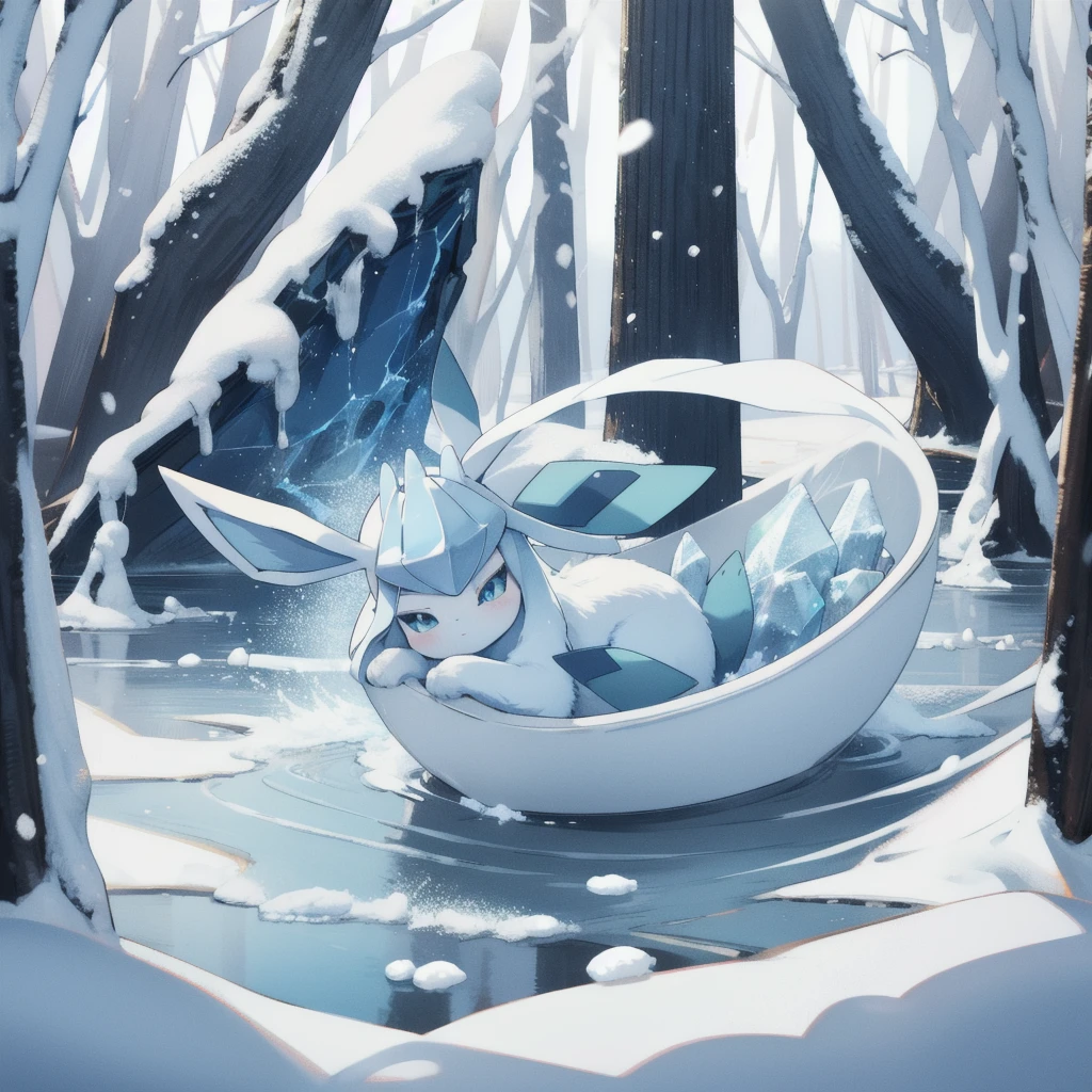 glaceon, snow,pokemon \(creature\),animal,  full body, tree,, (masterpiece, best quality,absurdres: 1.2),, perfect hands,, masterpiece,best quality,ultra-detailed,very detailed illustrations,extremely detailed,intricate details,highres,super complex details,extremely detailed 8k cg wallpaper