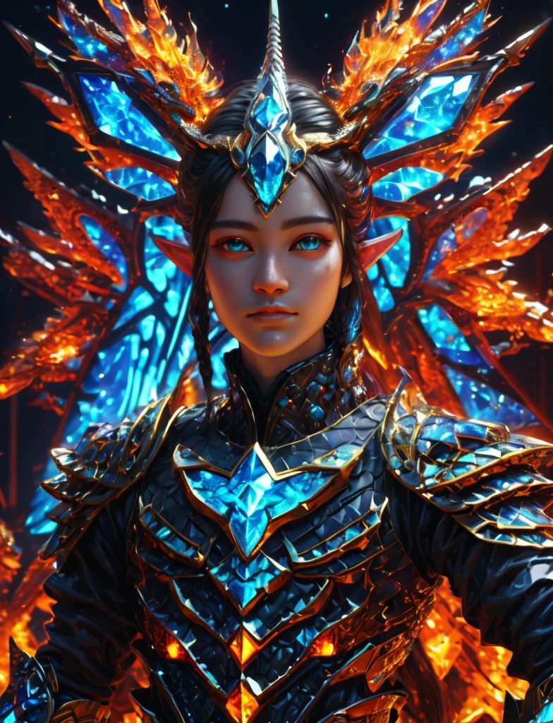 ((best quality)), ((masterpiece)), ((realistic,digital art)), (hyper detailed), full body shot of Middle-aged, Firm, Berber, Hazel eyes, Pointed Ears, Angular Nose, , Golden Blonde Space buns hair, Relief wearing F43Arm0r, Tundra Nighttime Wonder,Verdant Valley,Diversity of Insect, sci-fi,tech, futuristic,octane rendering, raytracing, volumetric lighting, Backlit,Rim Lighting, 8K, HDR,