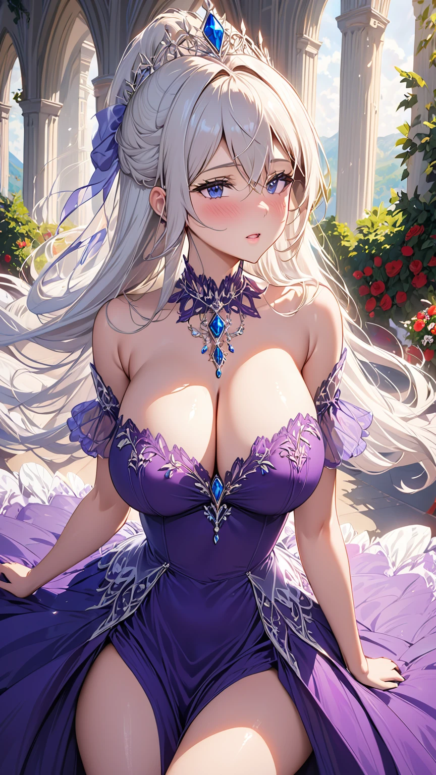 masterpiece:1.4,best-quality,Super Detail,Very Delicate and Beautiful, ((( nsfw, beautiful slutty wife, royalty princess color dress, orgasm ))), long hair, very gigantic breasts, cleavage, very slender, off-shoulder, perfect face, beautiful eyes, perfect body, public indecency