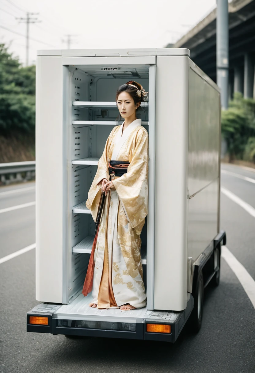 A full-body shot of a beautiful female samurai from Tokyo, riding a white large refrigerator on a highway, wearing a golden kimono and wielding a sword, captured with soft lighting using a SONY α7 III, FE 16-35mm F4 ZA OSS, best quality, embodying self-growth and surpassing limits.