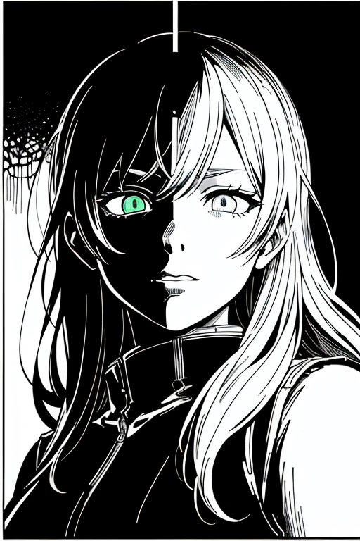 (vu4cn style:1.0)、(Comics-000009:0.9)、(extremely high contrast:1.2)、(Ink Art_Dark ink:1)、One Girl,Adorable,Highly detailed eyes,Highly detailed face,Very fine hair,8K,(((Left and right split theme:1.2))),Divided by a thin center line,One Face