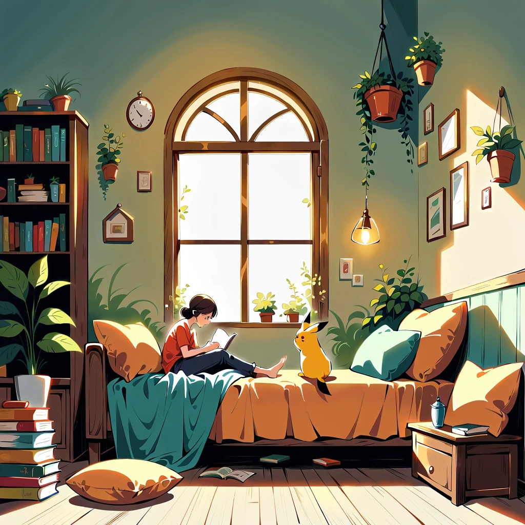  cute scene featuring Pikachu reading a book. Pikachu should be sitting comfortably, perhaps on a cozy cushion or in a quaint reading nook, with an open book in its paws. Use a bright and warm color palette with soft, painterly strokes. Include elements like a small stack of books nearby, a steaming cup of tea or coffee, and gentle lighting that creates a cozy atmosphere. The background can feature a few plants, a window with soft sunlight streaming in, and some decorative elements like fairy lights or a small bookshelf.