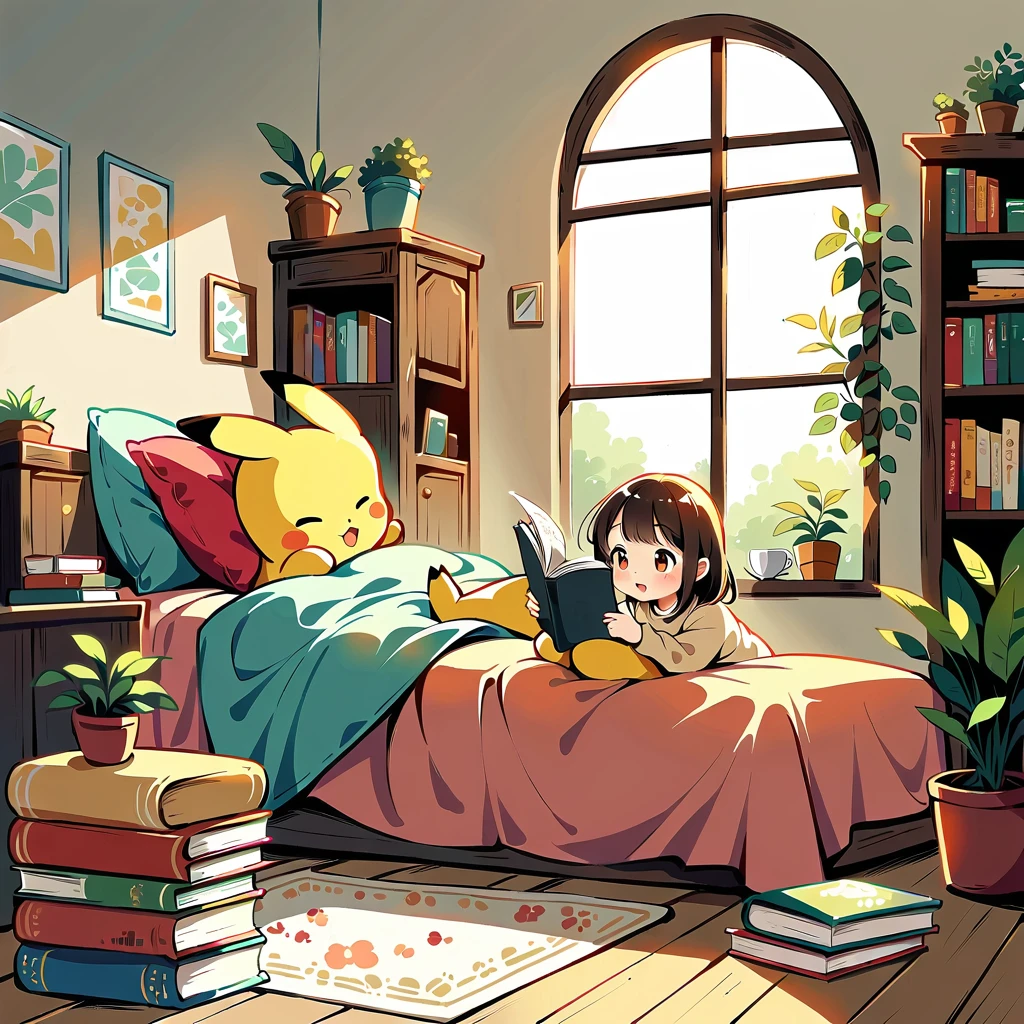  cute scene featuring Pikachu reading a book. Pikachu should be sitting comfortably, perhaps on a cozy cushion or in a quaint reading nook, with an open book in its paws. Use a bright and warm color palette with soft, painterly strokes. Include elements like a small stack of books nearby, a steaming cup of tea or coffee, and gentle lighting that creates a cozy atmosphere. The background can feature a few plants, a window with soft sunlight streaming in, and some decorative elements like fairy lights or a small bookshelf.