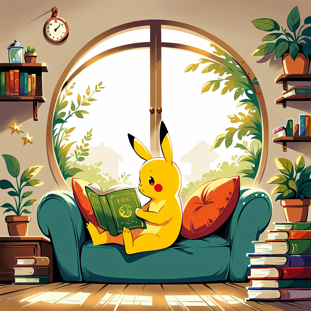  cute scene featuring Pikachu reading a book. Pikachu should be sitting comfortably, perhaps on a cozy cushion or in a quaint reading nook, with an open book in its paws. Use a bright and warm color palette with soft, painterly strokes. Include elements like a small stack of books nearby, a steaming cup of tea or coffee, and gentle lighting that creates a cozy atmosphere. The background can feature a few plants, a window with soft sunlight streaming in, and some decorative elements like fairy lights or a small bookshelf.