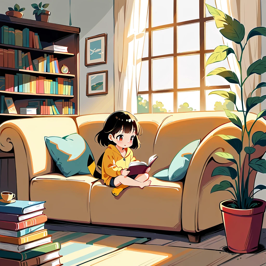  cute scene featuring Pikachu reading a book. Pikachu should be sitting comfortably, perhaps on a cozy cushion or in a quaint reading nook, with an open book in its paws. Use a bright and warm color palette with soft, painterly strokes. Include elements like a small stack of books nearby, a steaming cup of tea or coffee, and gentle lighting that creates a cozy atmosphere. The background can feature a few plants, a window with soft sunlight streaming in, and some decorative elements like fairy lights or a small bookshelf.