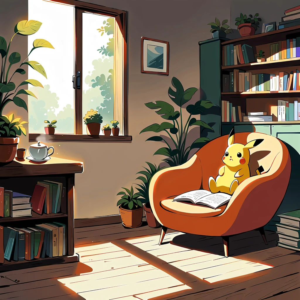  cute scene featuring Pikachu reading a book. Pikachu should be sitting comfortably, perhaps on a cozy cushion or in a quaint reading nook, with an open book in its paws. Use a bright and warm color palette with soft, painterly strokes. Include elements like a small stack of books nearby, a steaming cup of tea or coffee, and gentle lighting that creates a cozy atmosphere. The background can feature a few plants, a window with soft sunlight streaming in, and some decorative elements like fairy lights or a small bookshelf.