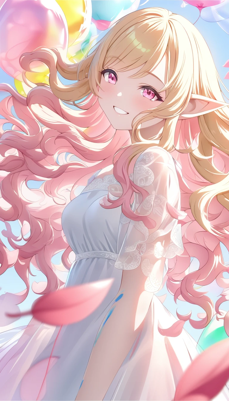 Beautiful face elf、Blonde long hair、Pointy Ears、Smiling with teeth showing、The wind is blowing、Petal balloon、Light pink hair, Pink Eyes, Pink and white, Cherry leaves, Vibrant colors, White Dress, Paint splashes, Simple Background, Ray Tracing, Wavy Hair、masterpiece、:
Translucent transparent