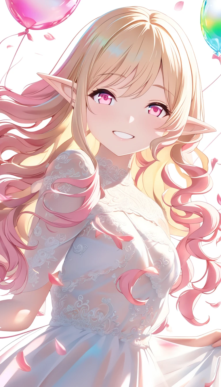 Beautiful face elf、Blonde long hair、Pointy Ears、Smiling with teeth showing、The wind is blowing、Petal balloon、Light pink hair, Pink Eyes, Pink and white, Cherry leaves, Vibrant colors, White Dress, Paint splashes, Simple Background, Ray Tracing, Wavy Hair、masterpiece、:
Translucent transparent