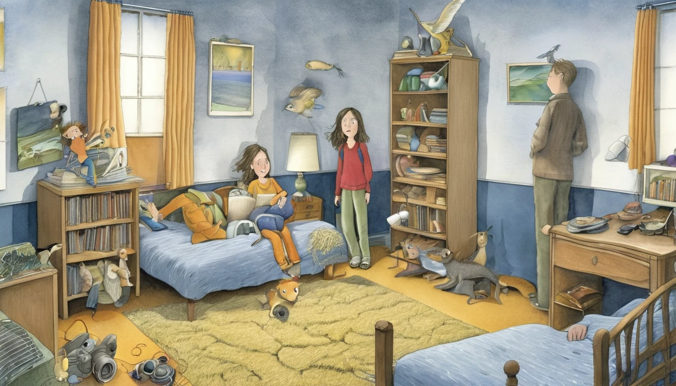 Create an illustration in the style of David Wiesner, the American illustrator, depicting a story about an autistic ager and several left-behind children.