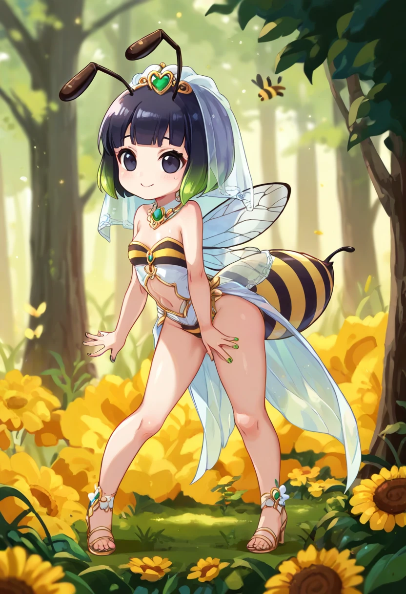 score_9, score_7_up, score_6_up, 1girl, source_cartoon, source_anime,breathtalking Scenery,watercolor,smooth soft skin, natural skin,
BREAK 
(hornet girl:1.4), bee girl,(little female child:1.3), (loli:1.3),6 yo, smile,baby face,small ??????, cute face,oily skin,(Phat ???:0.8)
BREAK 
(black bob cut:1.5),(yellow gradient hair:1.2),(yellow dip-dye hair:1.1),(black lob hair:1.2),ahoge,(nail_polish:1.1), black eyes,
BREAK 
(bee antennae:1.3), (PVC material Extremely small bee wings:1.2), (bee wings:1.1),
BREAK
(empire-Line wedding dress:1.1),(silk veil:1.3),high heel,silk cape,(blush:0.8),pierce,
BREAK 
In a secluded setting, surrounded by a dense forest, the bog lay hidden like a secret gem, its misty surface whispering tales of ancient times,dynamicangle,dynamicpose,