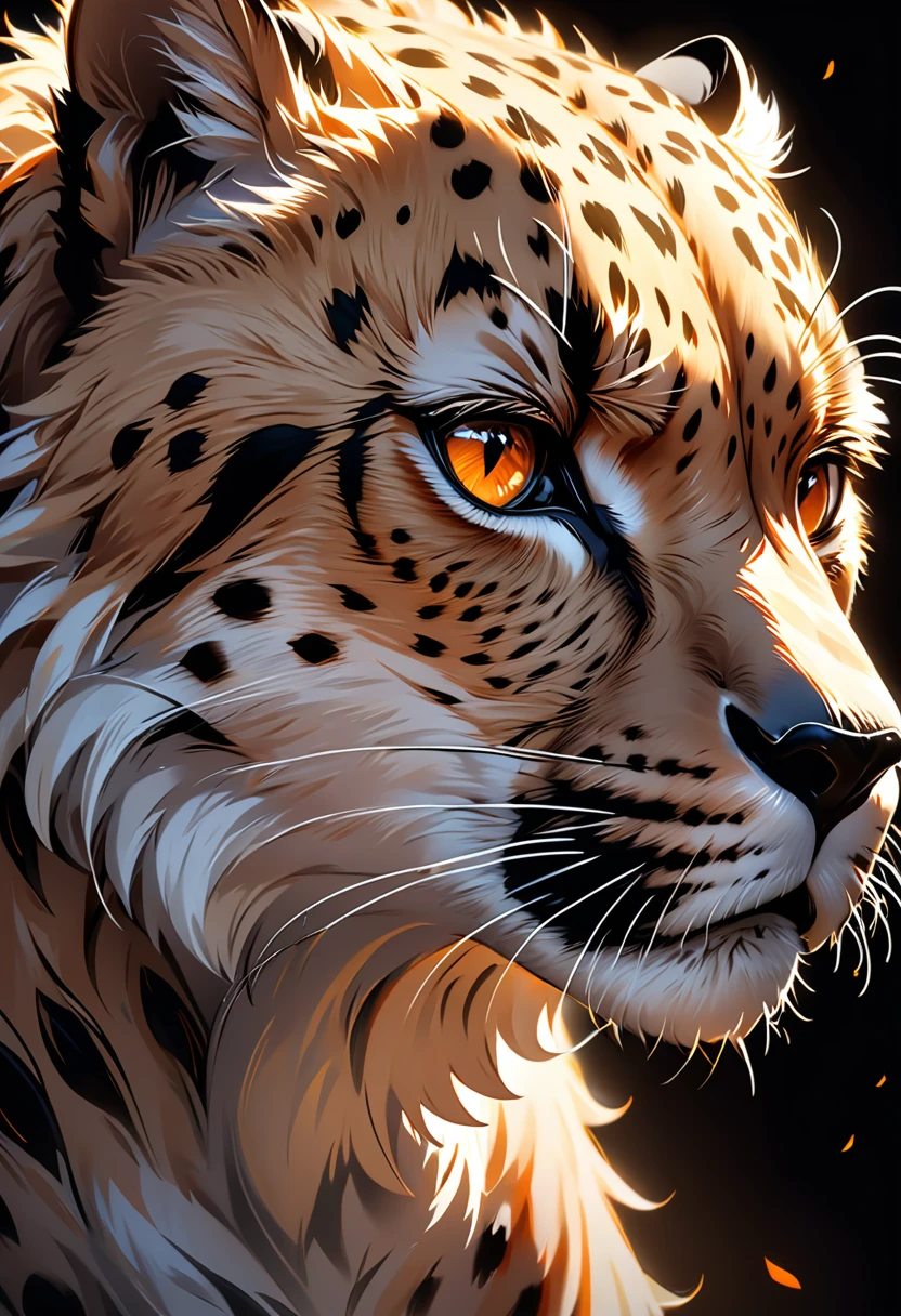 1 Cheetah, Deep orange eyes, black and white, black background, (best quality,4K,8K,high resolution,masterpiece:1.2),Extremely detailed,(Practical,photoPractical,photo-Practical:1.37),Highly detailed animal portraits, Dramatic Lighting, Powerful predator, Intense expression, Fascinating eyes, Smooth spotted fur, muscular, Low angle shot, Close-up view, Minimalist composition, High contrast