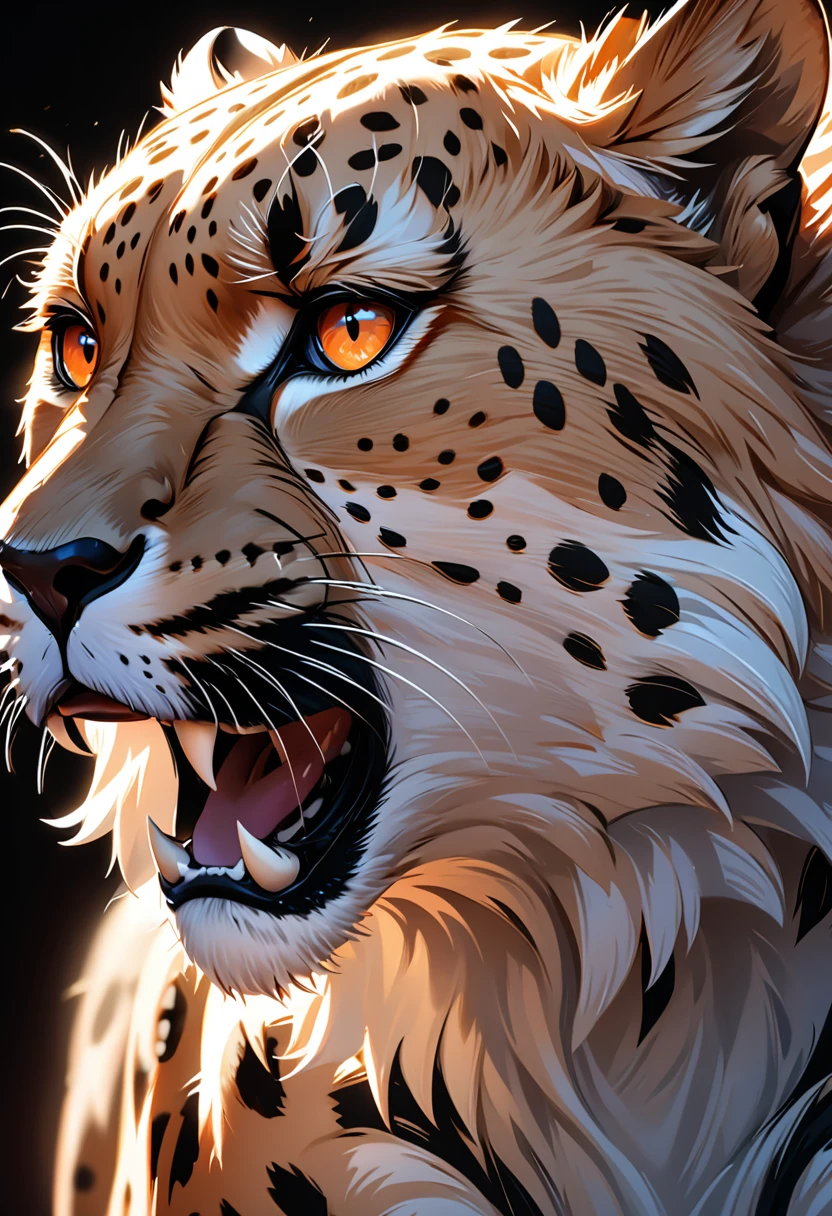 1 Cheetah, Deep orange eyes, black and white, black background, (best quality,4K,8K,high resolution,masterpiece:1.2),Extremely detailed,(Practical,photoPractical,photo-Practical:1.37),Highly detailed animal portraits, Dramatic Lighting, Powerful predator, Intense expression, Fascinating eyes, Smooth spotted fur, muscular, Low angle shot, Close-up view, Minimalist composition, High contrast
