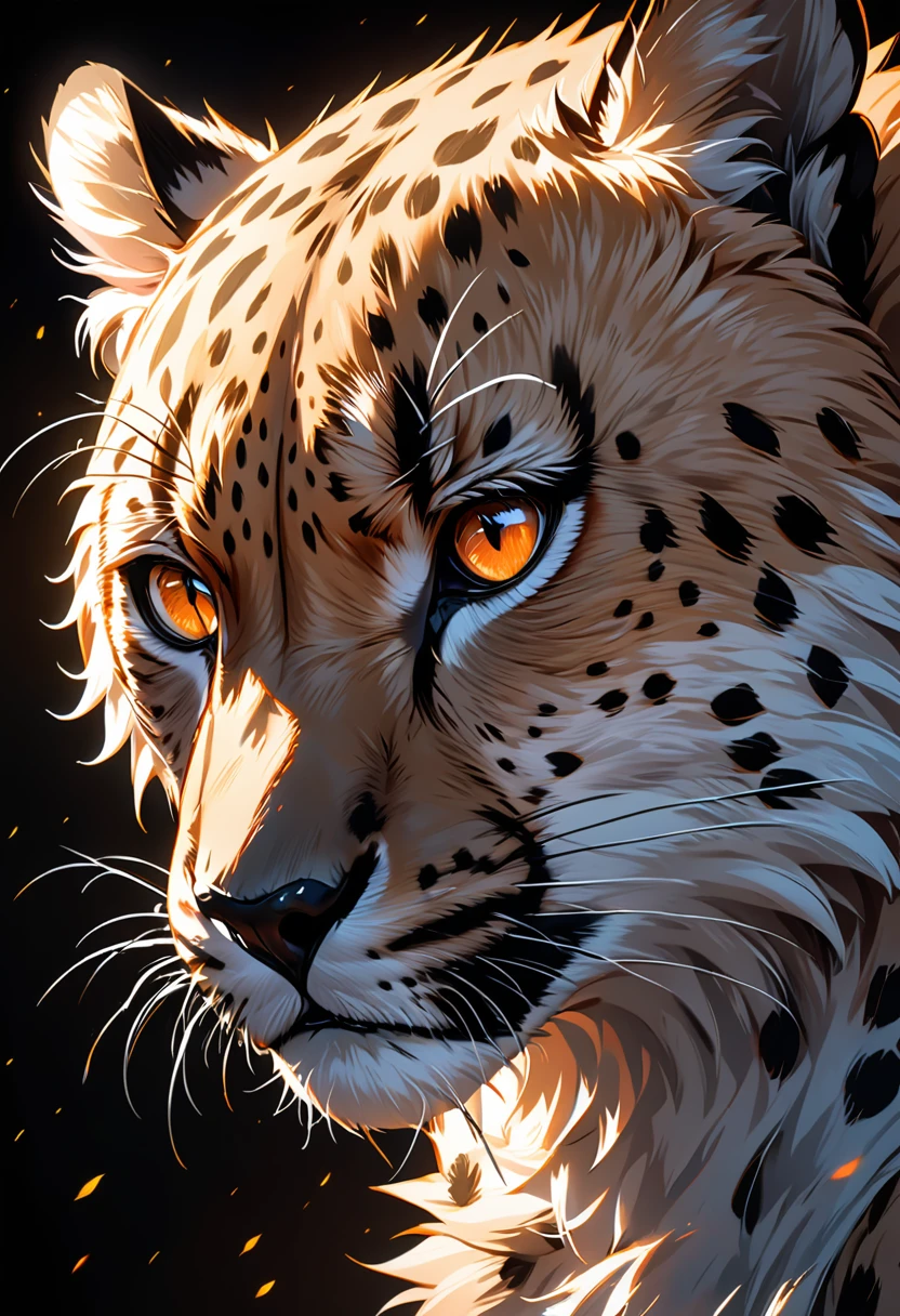 1 Cheetah, Deep orange eyes, black and white, black background, (best quality,4K,8K,high resolution,masterpiece:1.2),Extremely detailed,(Practical,photoPractical,photo-Practical:1.37),Highly detailed animal portraits, Dramatic Lighting, Powerful predator, Intense expression, Fascinating eyes, Smooth spotted fur, muscular, Low angle shot, Close-up view, Minimalist composition, High contrast