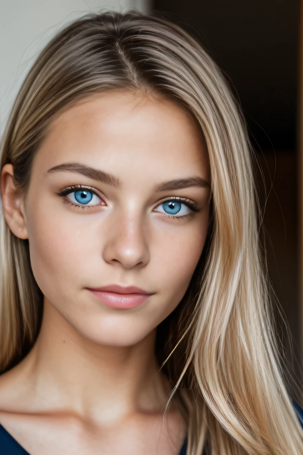 RAW close-up portrait of a 19 years old white girl, long blond hair, busty, Best quality, Highly detailed face,, corrugated, (woman with blue eyes) in an apartment, (black summer dress), (neckline), detailed (textures!, Hair!, brightness, color!, imperfections:1.1), highly detailed bright eyes, (Looking at the camera), specular lighting, digital SLR, ultra quality, sharp focus, sharp, DOF, film grain, (center), Fujifilm XT3, crystal clear, center of frame, Cute face, sharp focus, daylight