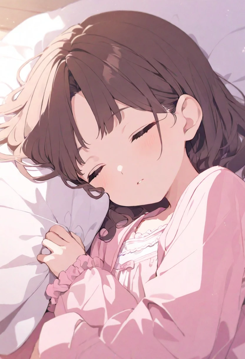 Sleeping girl, 12 years old, Practical, She is wearing pink pajamas, Brown hair.