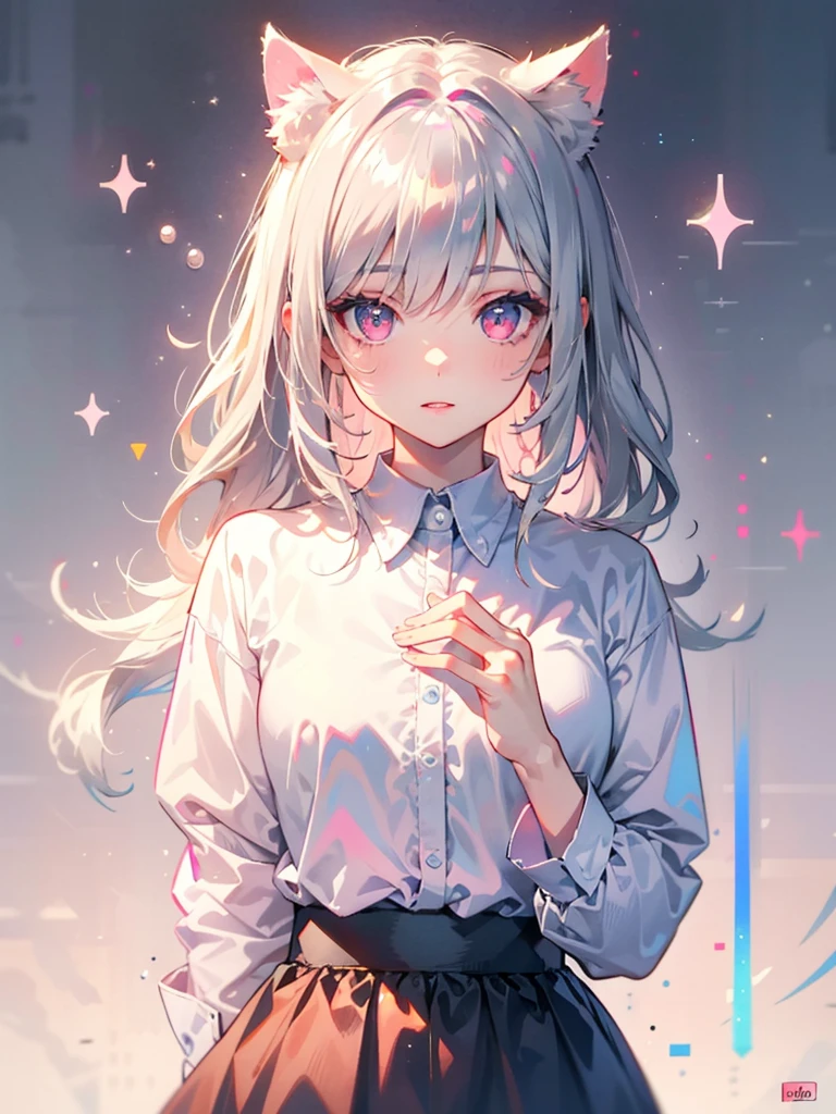 Highly detailed face,fine grain,Sparkling eyes,Highlighted eyes,Medium chest,pretty girl, Longing eyes,Cat ear, Beautiful silver hair,Pink inside,Beautiful pink eyes,Oversized shirt,skirt
