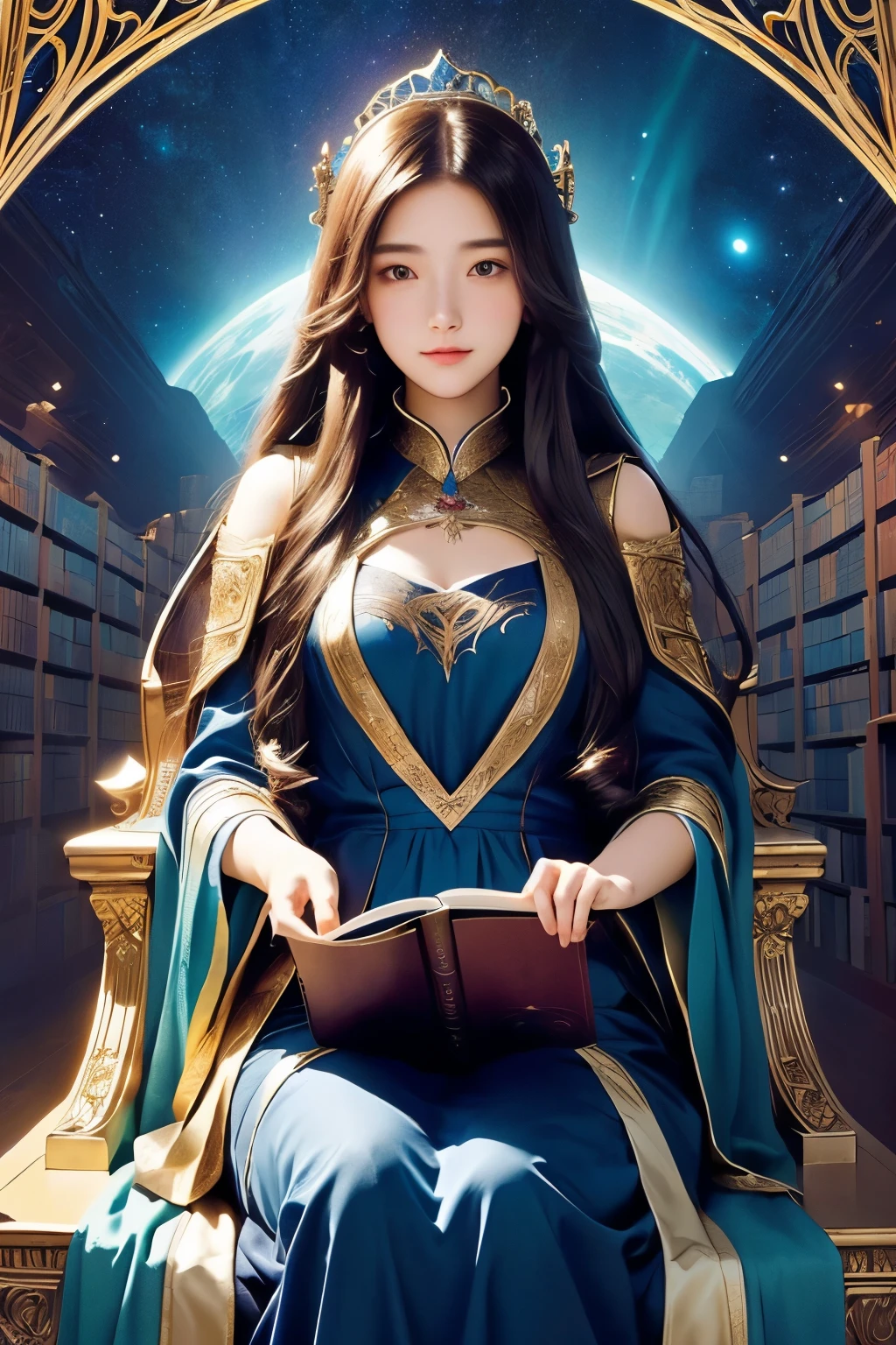 Girl with long hair holding a book in hands, Infinite Celestial Library, great view, Epic Light Novel Art Cover, Magic realism and dark fantasy, A throne lies in a fantasy land