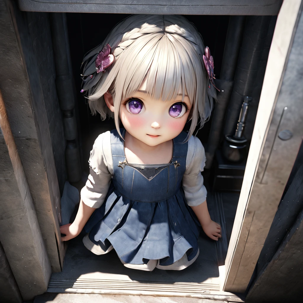 masterpiece, Highest quality, Very detailed, High resolution, An expensive solution, High resolution, 4K, 8K, ユニティ 8K 壁紙, Very detailed CG, masterpiece, Realistic, 2D, 3d, Beautiful details, depth, Fine texture, Super quality: 1.3, Fully focused, Crispy.skin, .he, Very cute anime girl about 3 years old, Expensive silver short hair, Girl about 3 years old, alone, pretty blue dress, blush, Mole, Part your lips, hair ornaments, heart, Purple eyes、Hold a condom in your mouth、A defiant smile、Lifting her skirt, a dark alley、Sit on the air conditioner&#39;s outdoor unit、Crotch close-up