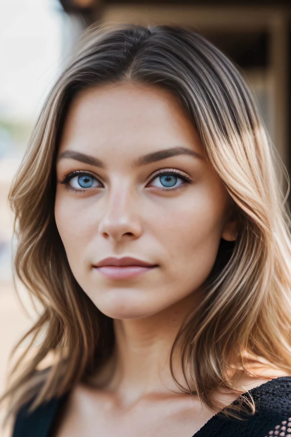 RAW close-up portrait of a 19 years old white girl, long blond hair, busty, Best quality, Highly detailed face,, corrugated, (woman with blue eyes) in an apartment, (black summer dress), (neckline), detailed (textures!, Hair!, brightness, color!, imperfections:1.1), highly detailed bright eyes, (Looking at the camera), specular lighting, digital SLR, ultra quality, sharp focus, sharp, DOF, film grain, (center), Fujifilm XT3, crystal clear, center of frame, Cute face, sharp focus, daylight