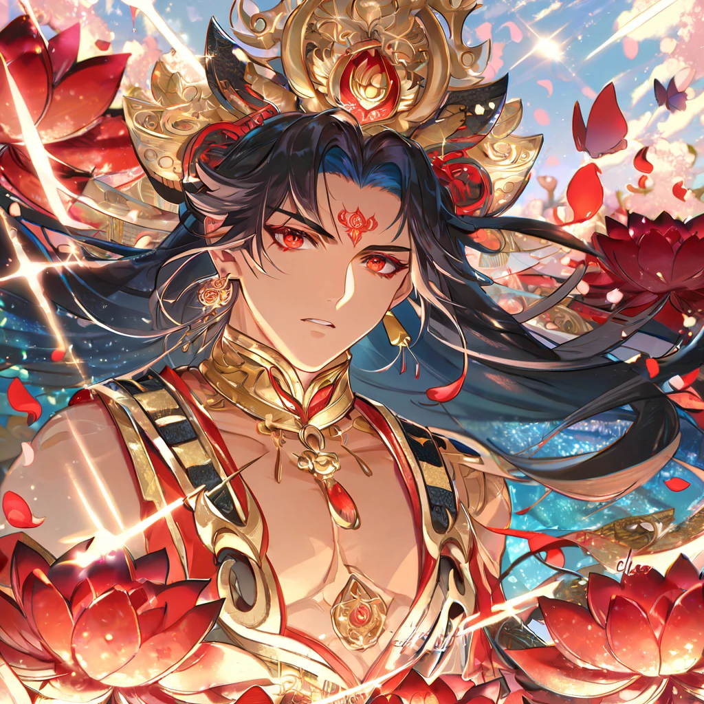 (absurdres, highres, ultra detailed, HDR) master piece, best quality, delicated features, Asura, black long hair, untamed hair, expressive red eyes, Onmyoji, red mark on the forehead, solo, sexy man, handsome, tanned skin, toned chest, red haori, with accessories, jewelry, lotus earrings, patterns, water, magical fantasy, red butterflies, glittering, sparkling, red lotus, petals, radiant
