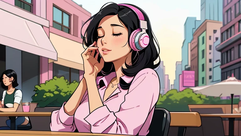 Beautiful woman in her up 30s with black hair is sitting with headphones on the cafe terrace. Looking down, eyes closed, LOFI girl, alone in the room, pink blouse, relaxing mood, cozy, only five fingers, new york, colorful, Well-proportioned face, female Beautiful fingers