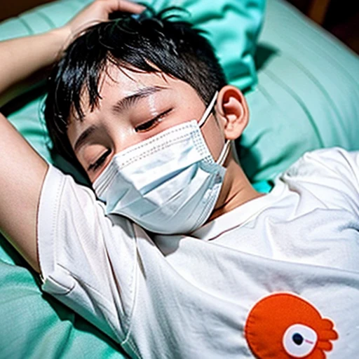 Handsome kindergarten boy with infectious disease、Appearance of suffering. He is wearing a white mask. He has a high fever. he is sleeping. He has a cough. He is exhausted. He is taking his temperature with a thermometer. He is dying. He is cooling his forehead with a cooling gel sheet..Are crying